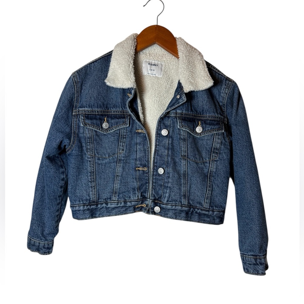 Old Navy Blue Jean Jacket Sherpa Lining Winter Coat size L (10/12) big girls - Picture 2 of 10
